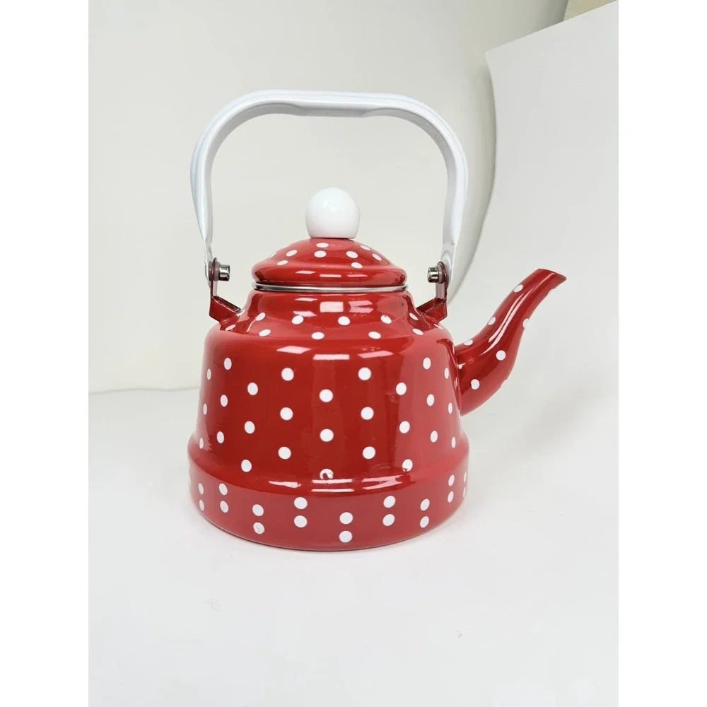 1L Red White Polka Dot Enamel Tea Kettle Teapot w/ Lid Stovetop Water Boiler